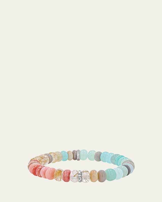 Light Opal Mix 8mm Bead Bracelet with Double Row Flush Set Swiss Blue Topaz Rondelle